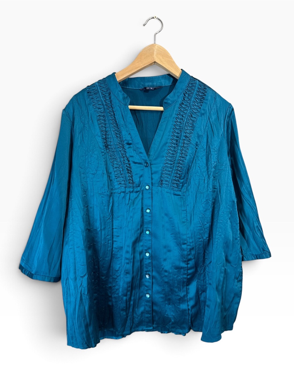 Reitmans Teal Pintuck Split-Neck Button-Front Blouse - Size 16